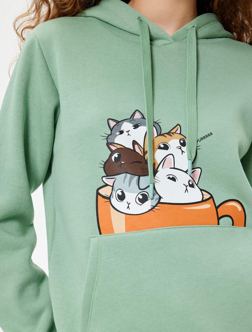   Oversize Kapüşonlu Sweatshirt Kedi Baskılı Kanguru Cepli Şardonlu