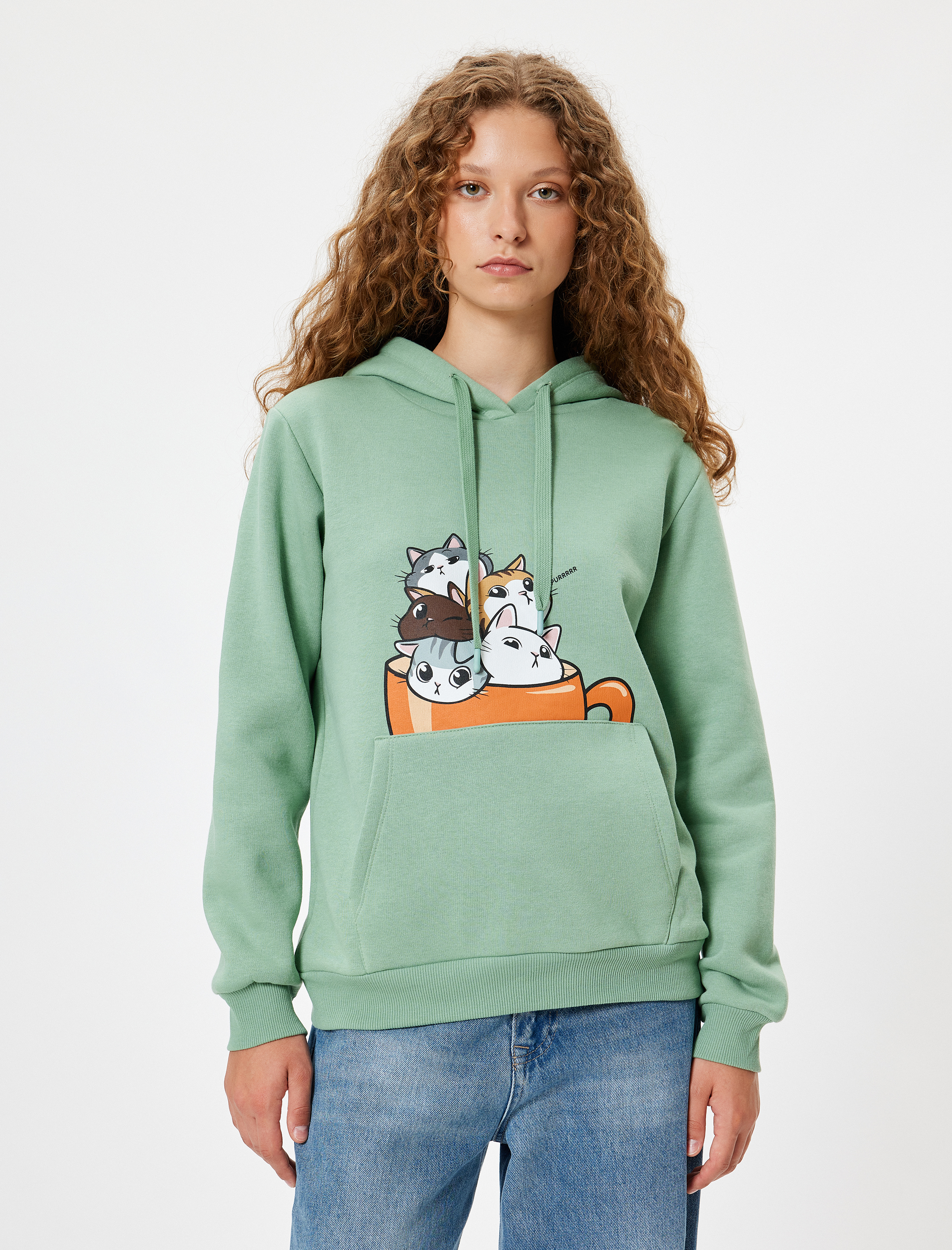  Kedi Baskılı Kapüşonlu Şardonlu Oversize Sweatshirt