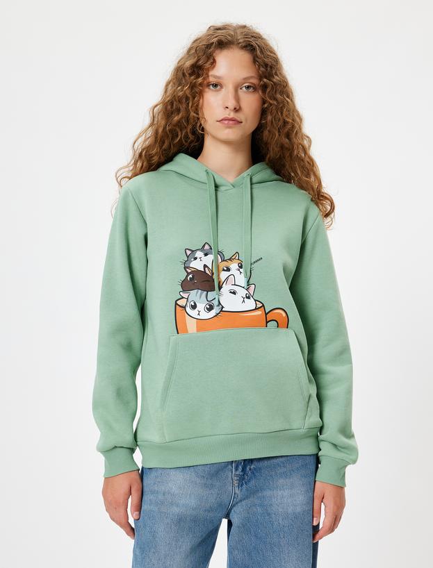 Oversize Kapüşonlu Sweatshirt Kedi Baskılı Kanguru Cepli Şardonlu_2