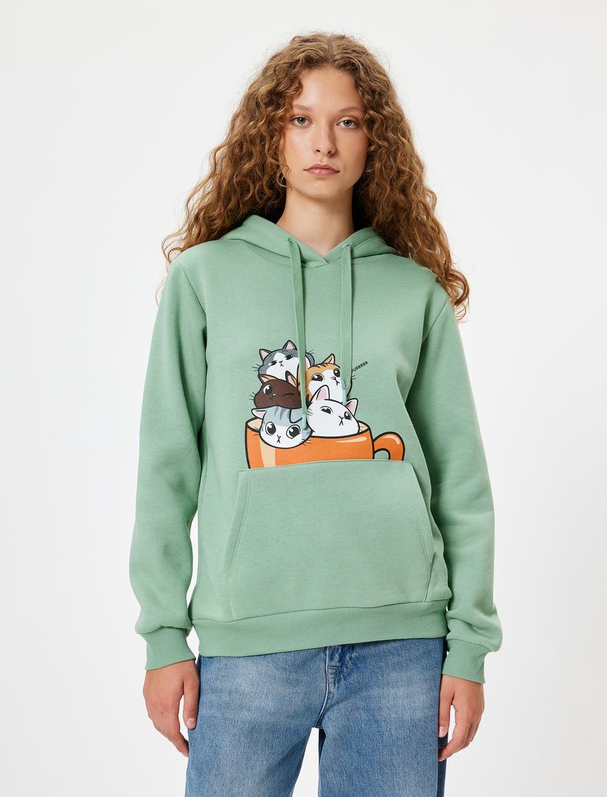   Oversize Kapüşonlu Sweatshirt Kedi Baskılı Kanguru Cepli Şardonlu