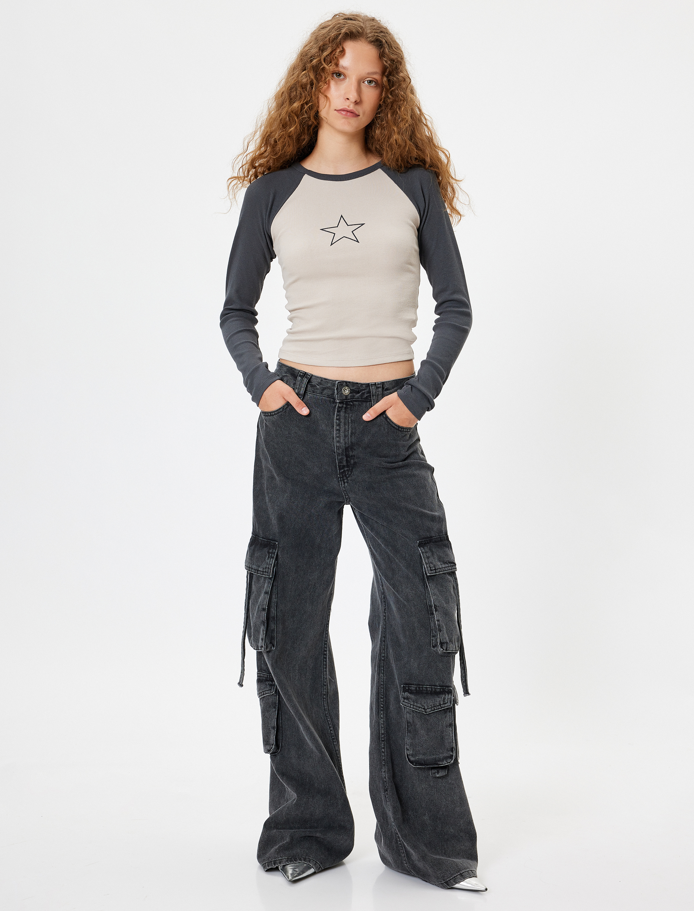   Uzun Kollu Tişört Yıldız Baskılı Bisiklet Yaka Slim Fit