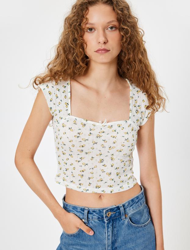 Meyve Baskılı Tişört Fiyonklu Kap Kol Kare Yaka Slim Fit Pamuklu_0