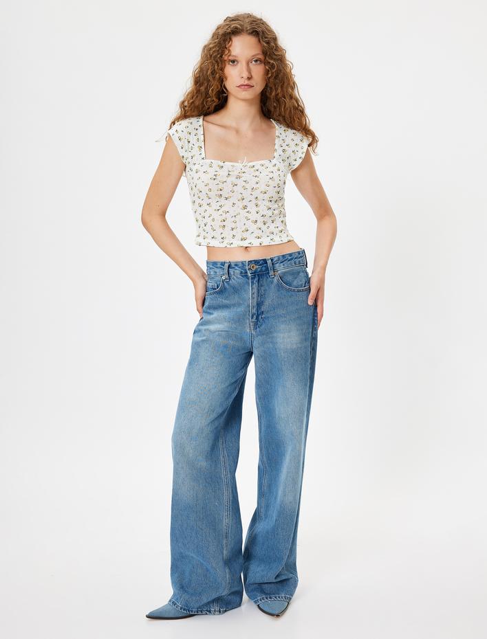  Meyve Baskılı Tişört Fiyonklu Kap Kol Kare Yaka Slim Fit Pamuklu