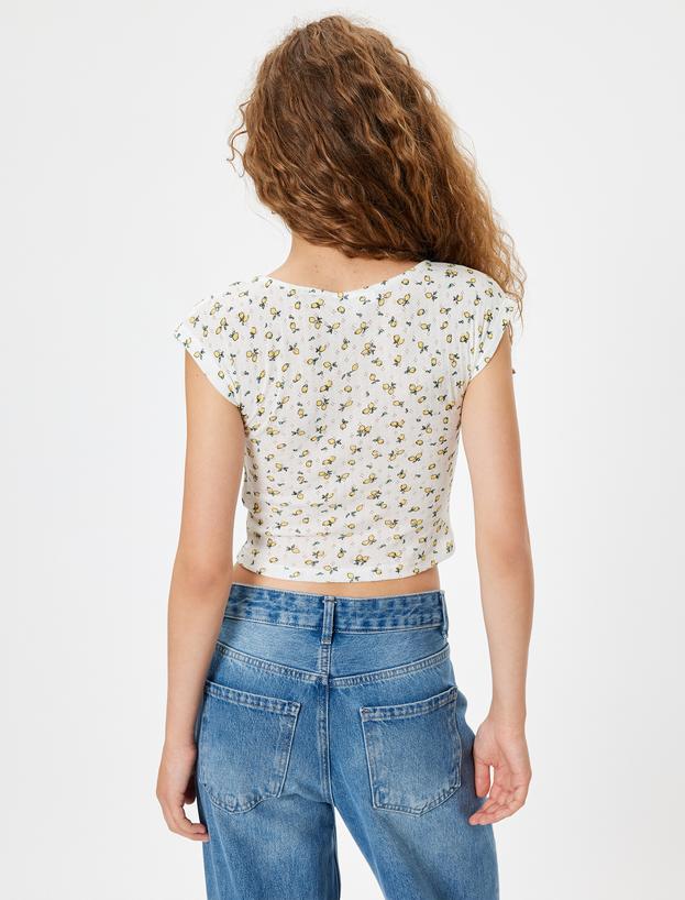 Meyve Baskılı Tişört Fiyonklu Kap Kol Kare Yaka Slim Fit Pamuklu_3