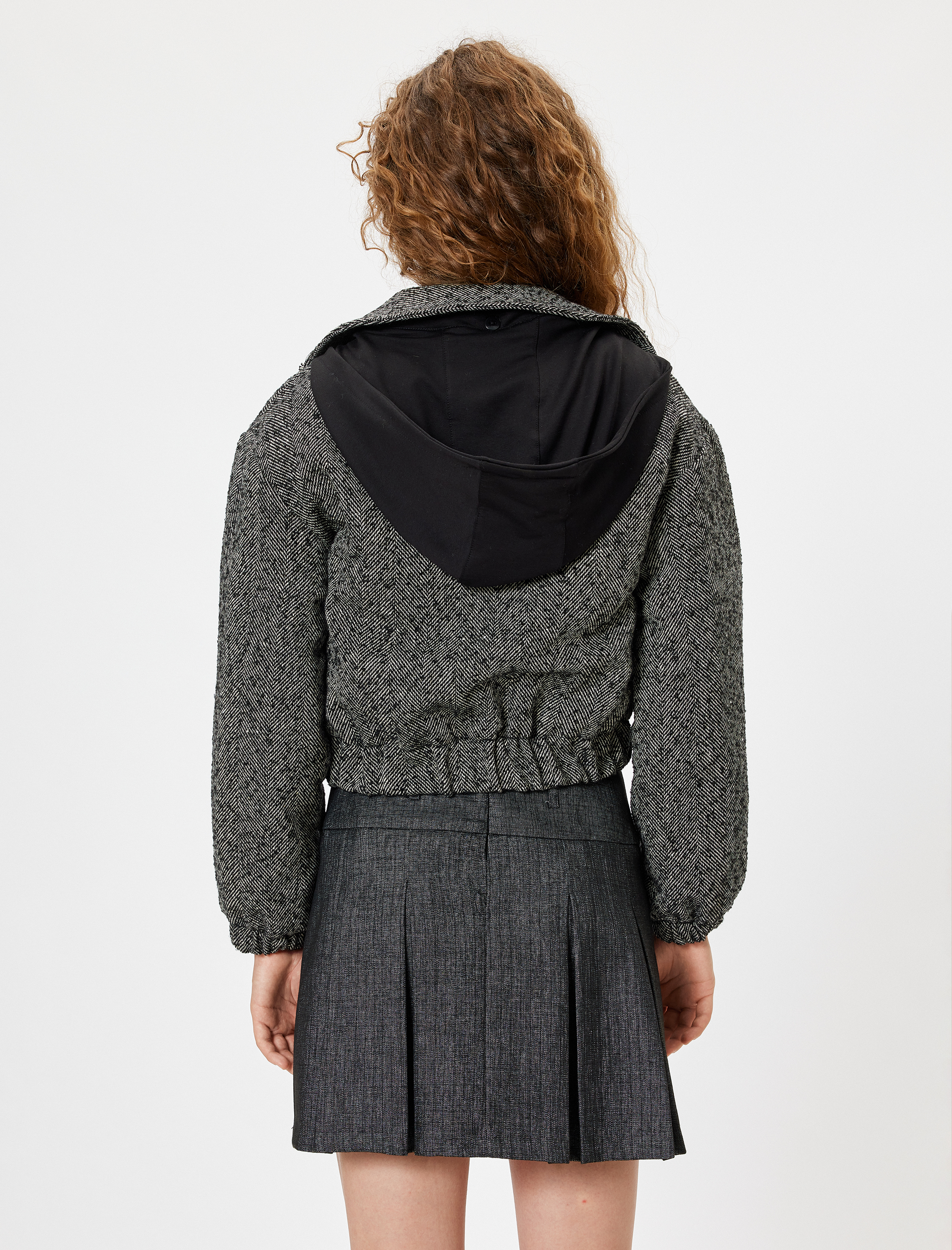   Kolej Bomber Ceket Kapüşonlu Balık Sırtı Desenli Cepli Fermuarlı