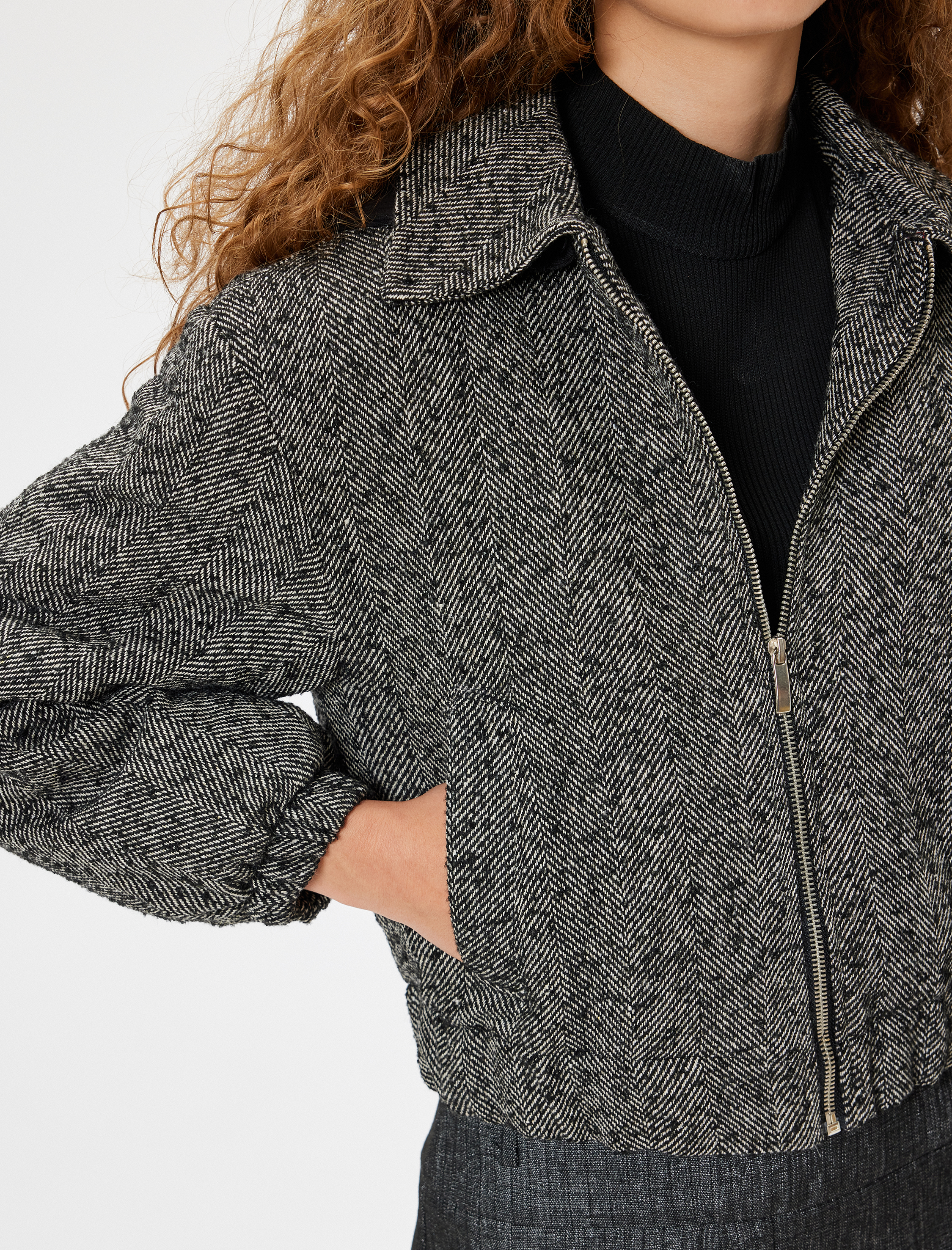   Kolej Bomber Ceket Kapüşonlu Balık Sırtı Desenli Cepli Fermuarlı