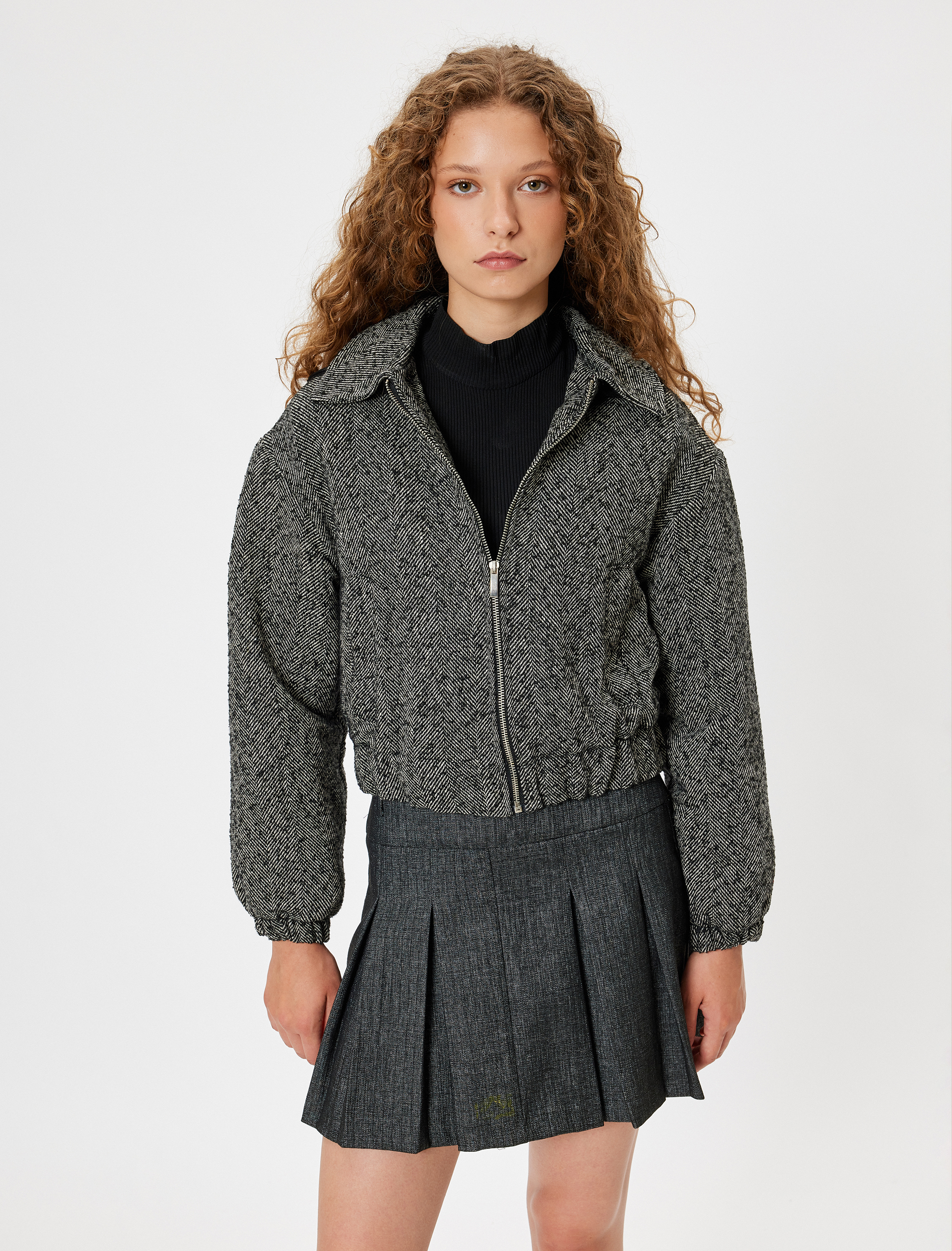   Kolej Bomber Ceket Kapüşonlu Balık Sırtı Desenli Cepli Fermuarlı