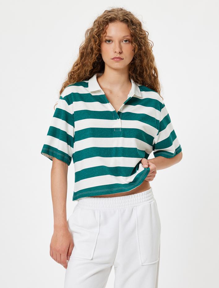  Polo Yaka Rugby Tişört Kısa Kollu Düğmeli Renk Bloklu