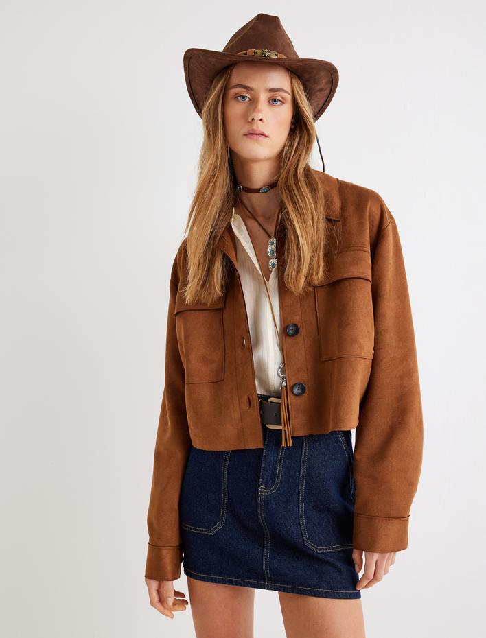  Kapaklı Cep Detaylı Düğmeli Rahat Kalıp Suni Süet Ceket