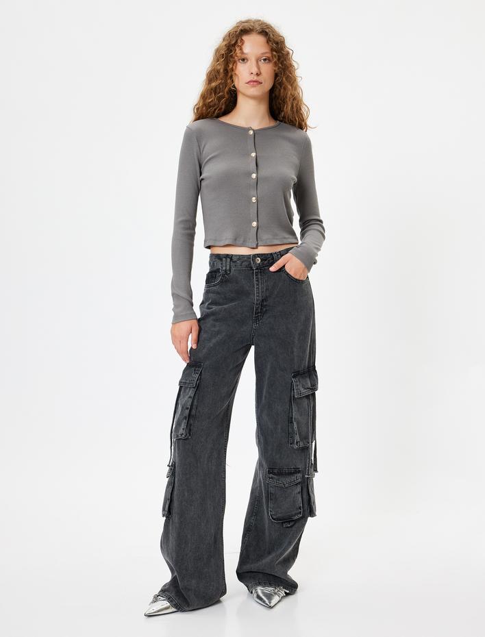  Uzun Kollu Tişört Düğmeli Bisiklet Yaka Slim Fit Pamuklu