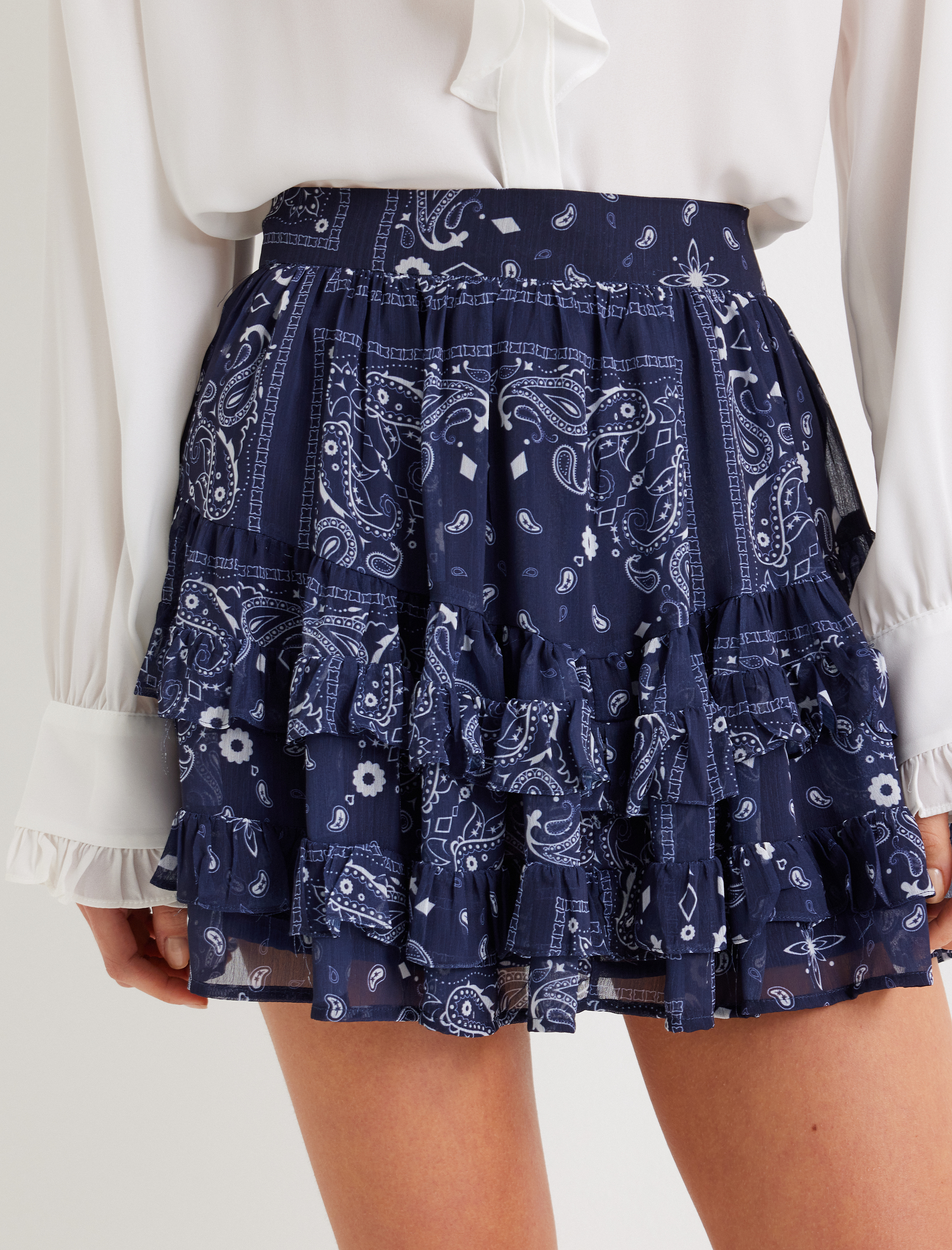   Katlı Etnik Desenli A Kesim Fırfırlı Mini Etek