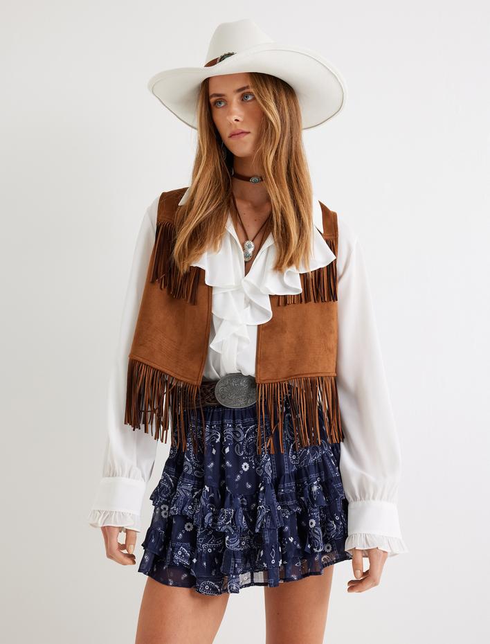  Katlı Etnik Desenli A Kesim Fırfırlı Mini Etek