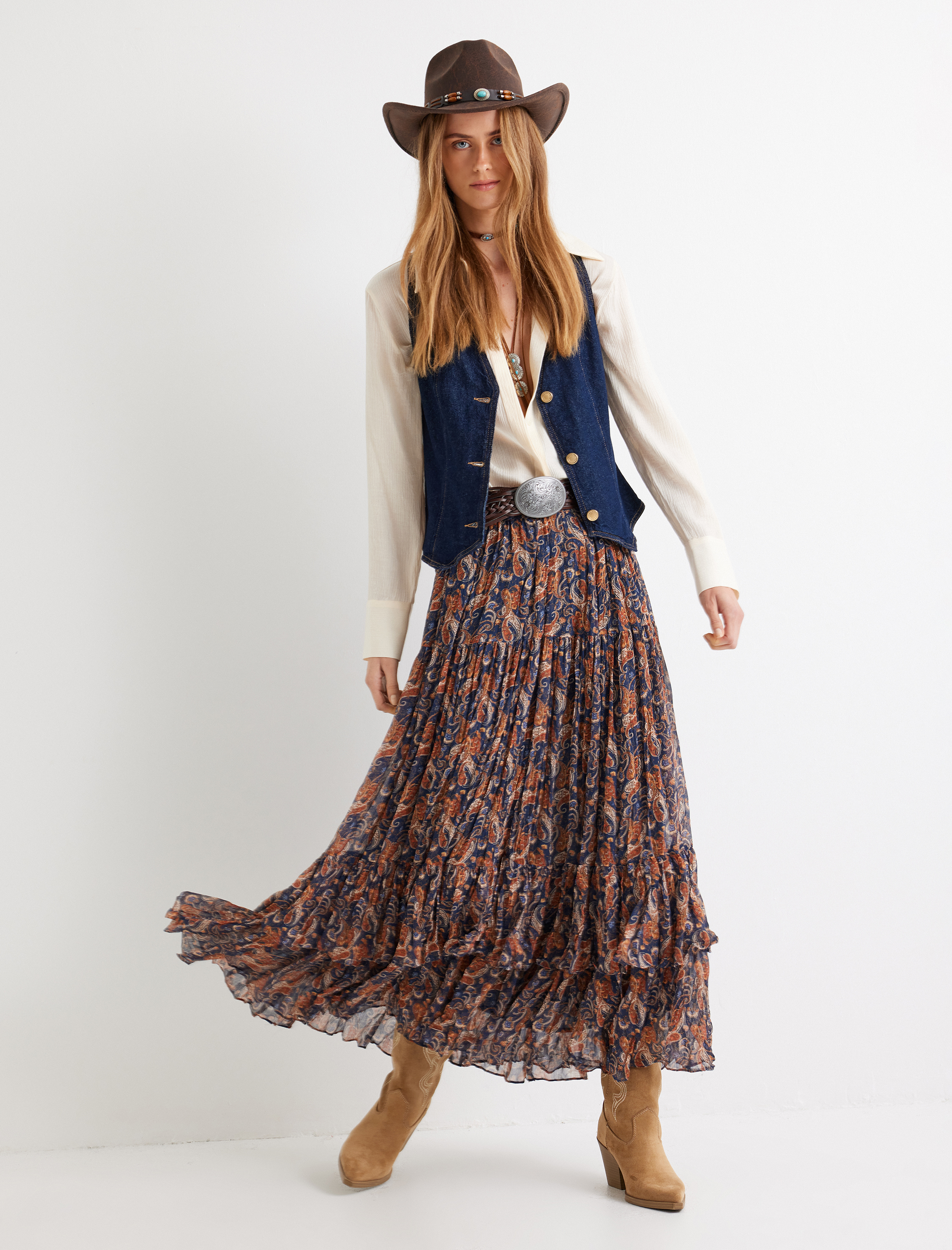   Rahat Kalıp Etnik Desenli Uzun Şifon Etek