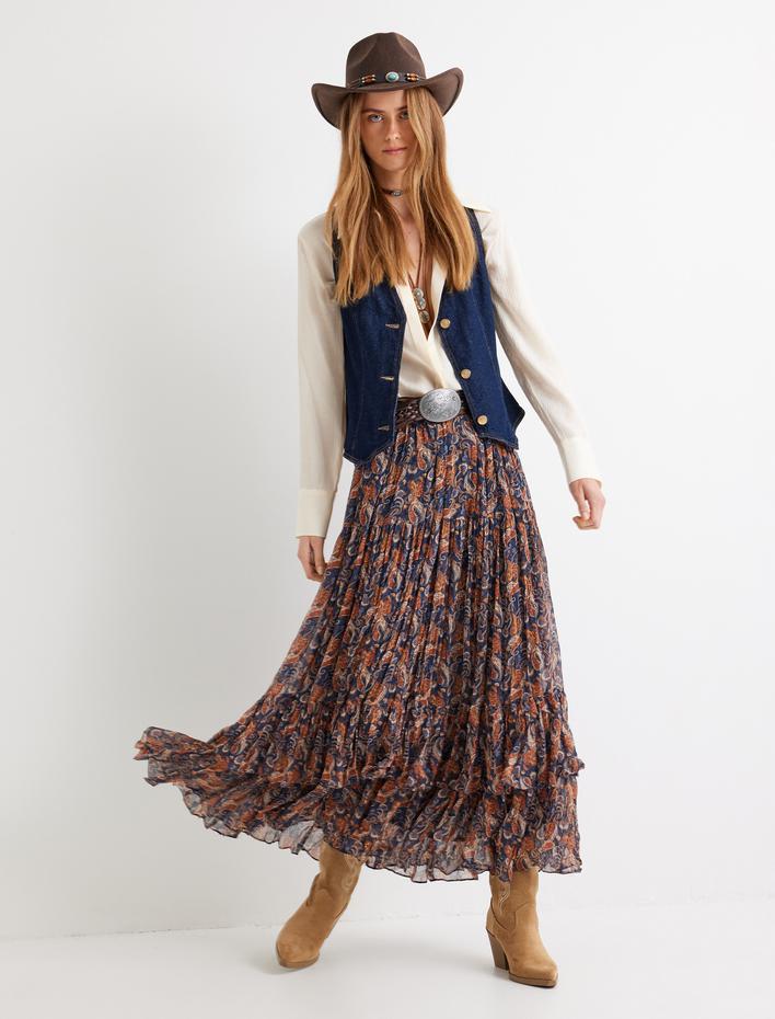  Rahat Kalıp Etnik Desenli Uzun Şifon Etek