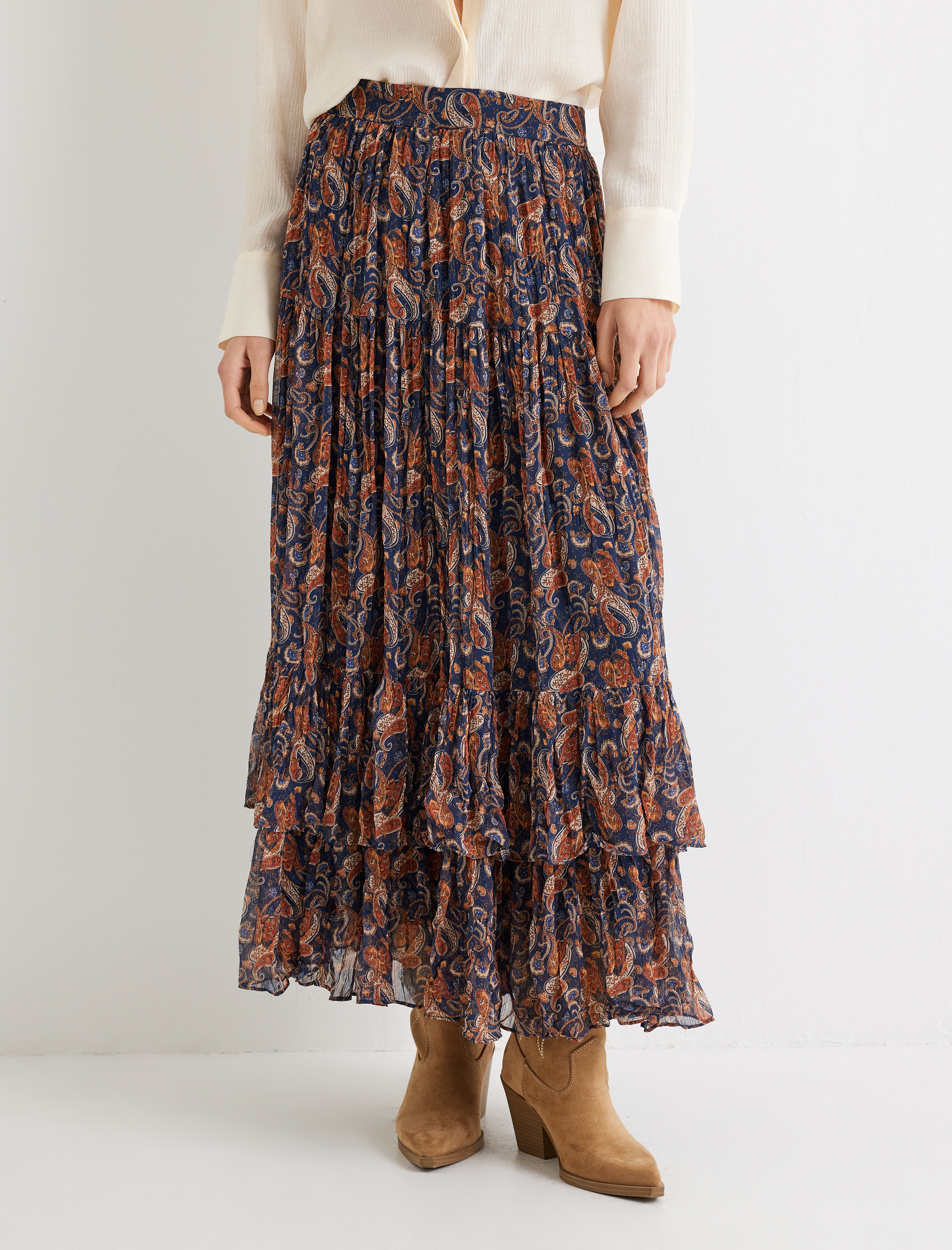   Rahat Kalıp Etnik Desenli Uzun Şifon Etek