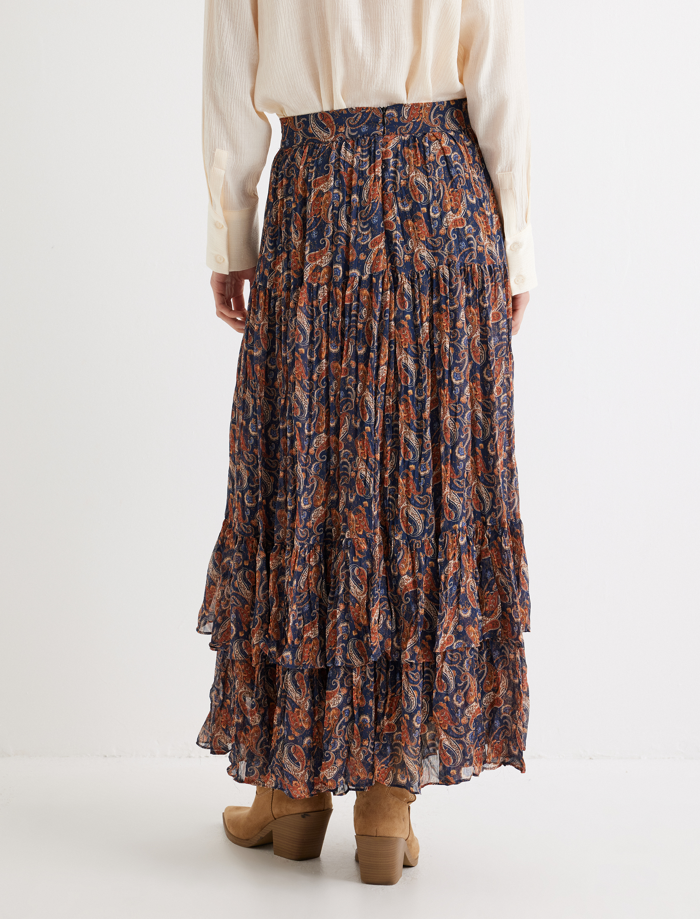   Rahat Kalıp Etnik Desenli Uzun Şifon Etek