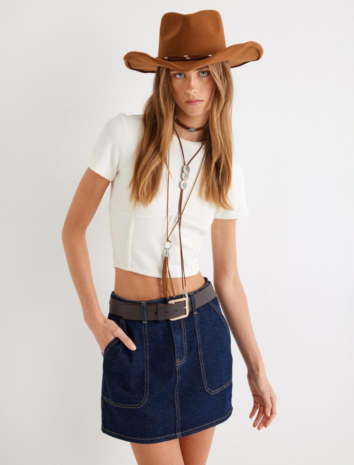  Korse Detaylı Crop Body Kısa Kollu Bisiklet Yaka Fitilli