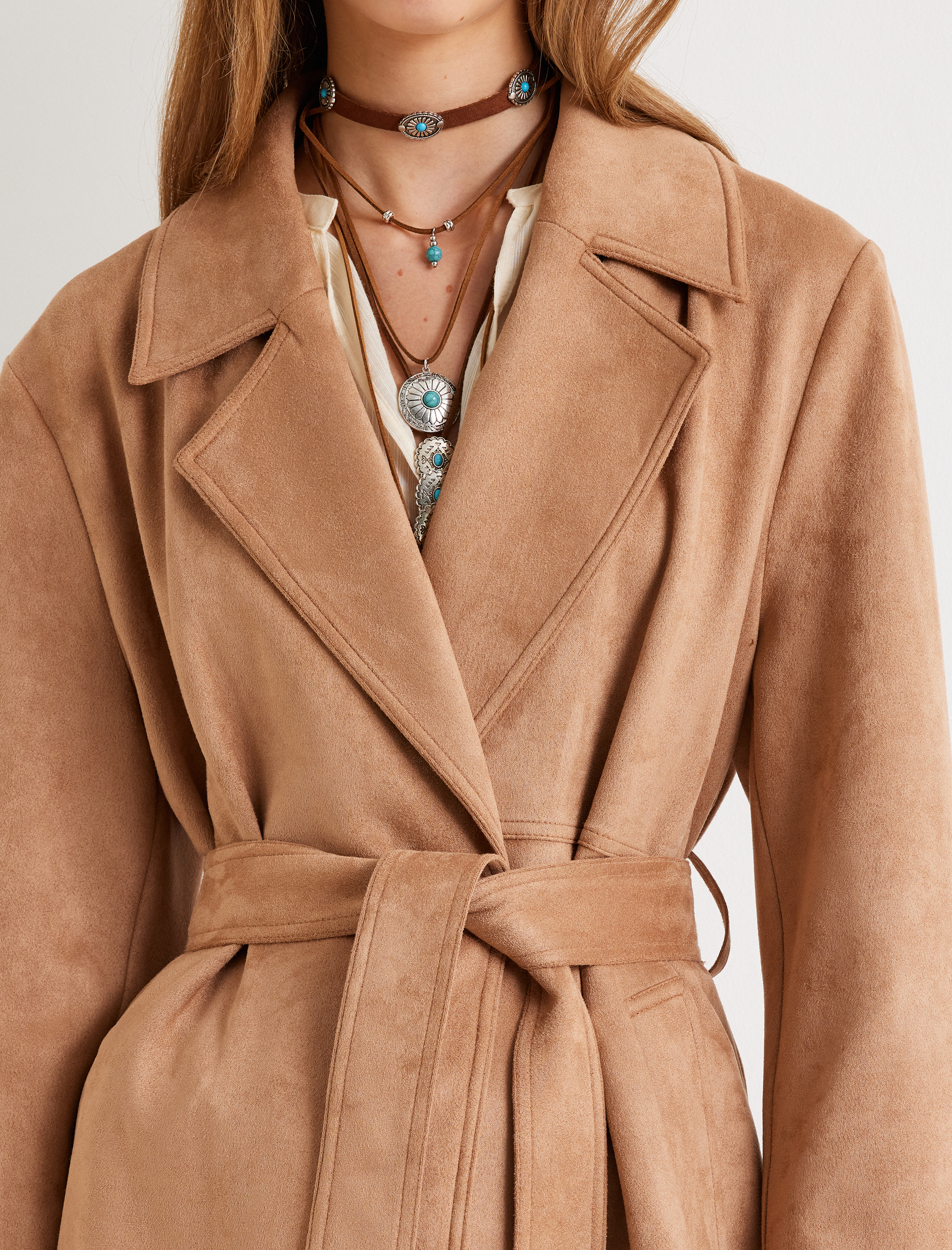 Suni Süet Trençkot Uzun Kemerli