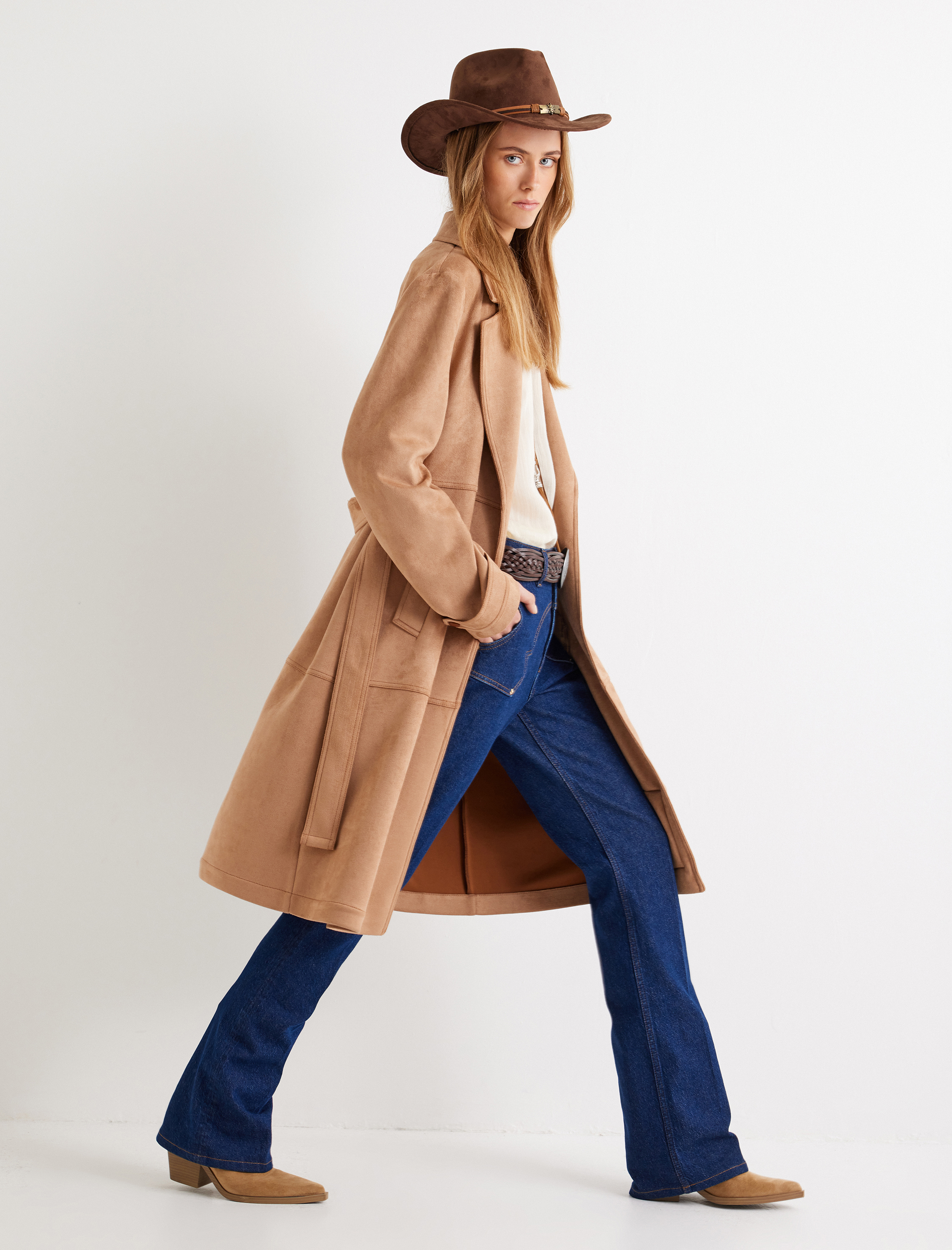 Suni Süet Trençkot Uzun Kemerli