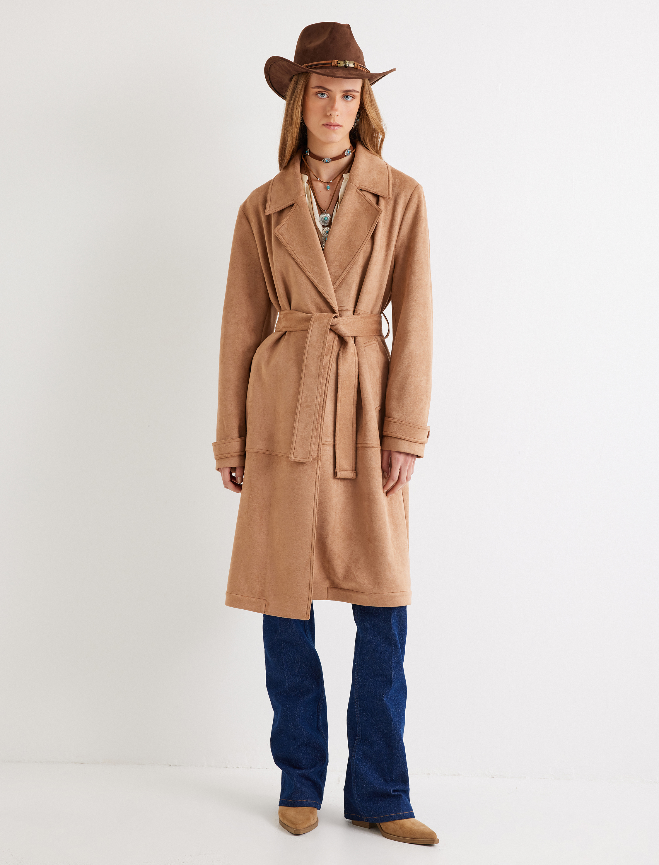 Suni Süet Trençkot Uzun Kemerli