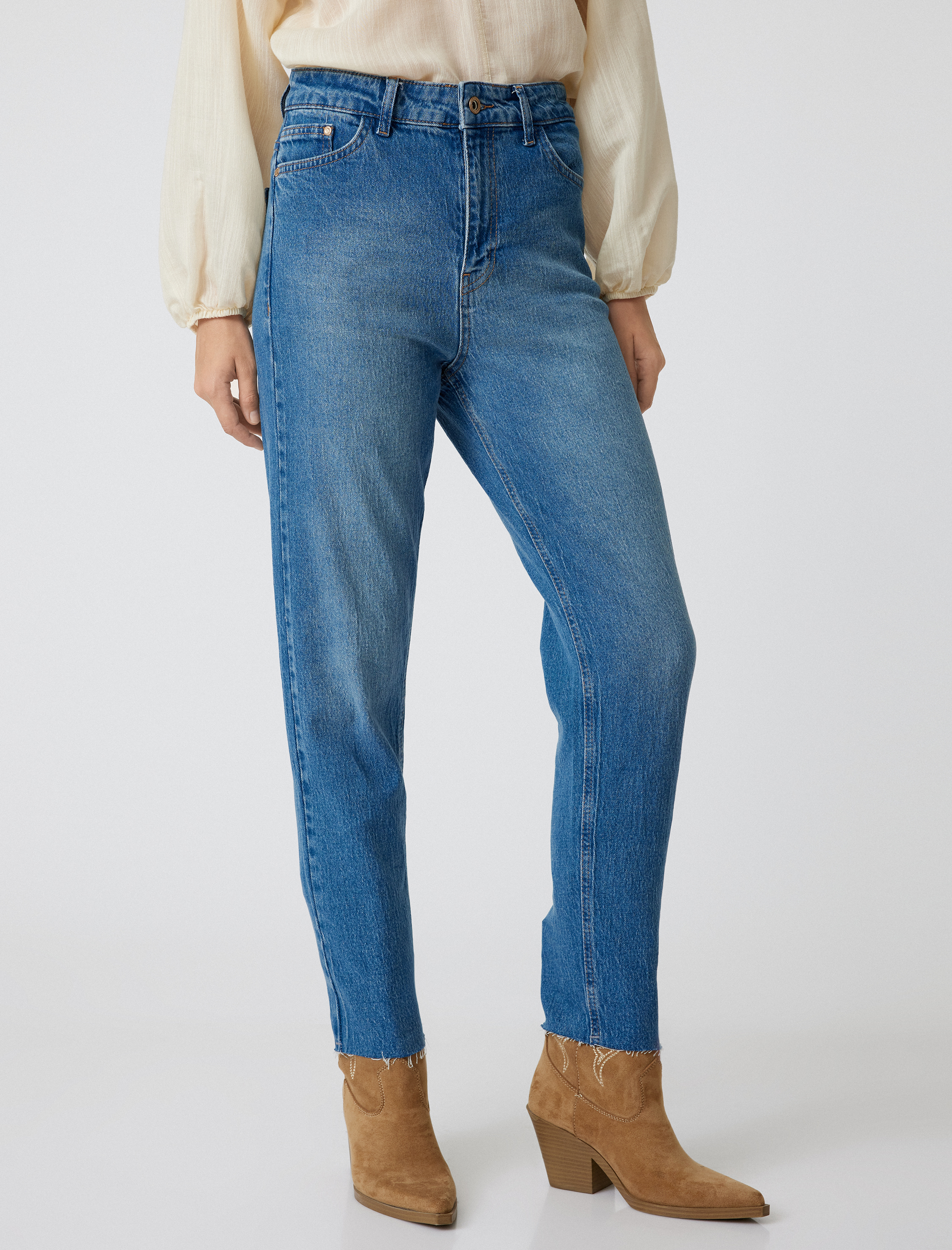   Yüksek Bel Kot Pantolon Düz Paça Slim Fit Pamuklu -  Slim Fit Jean