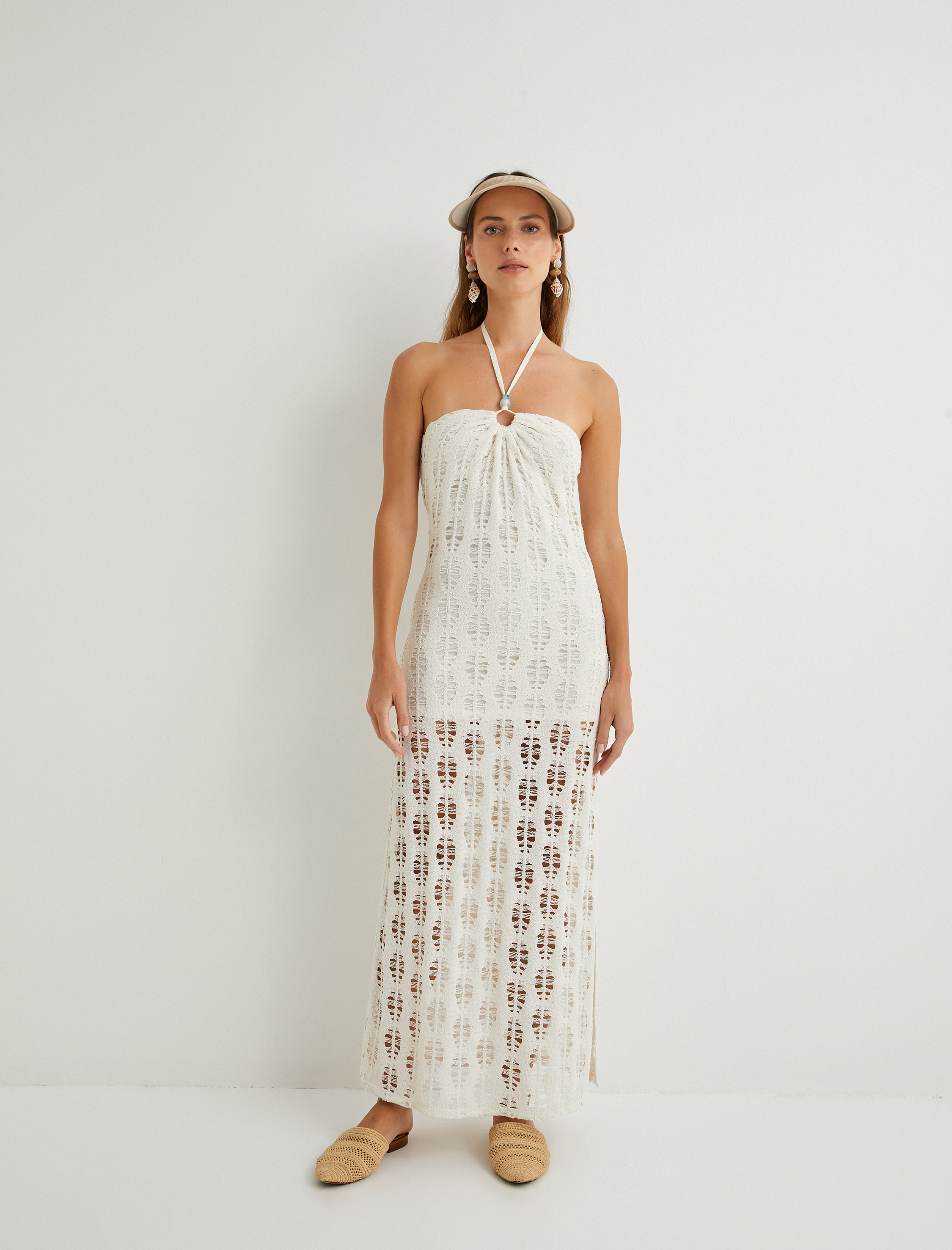 Koton X Şahika Ercümen - Uzun Halter Yaka Kroşe Elbise Yırtmaçlı Yarım Astarlı Boncuk Detaylı