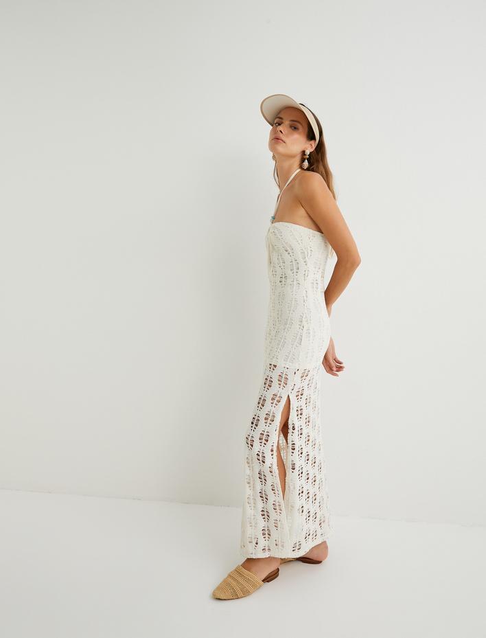  Koton X Şahika Ercümen - Uzun Halter Yaka Kroşe Elbise Yırtmaçlı Yarım Astarlı Boncuk Detaylı