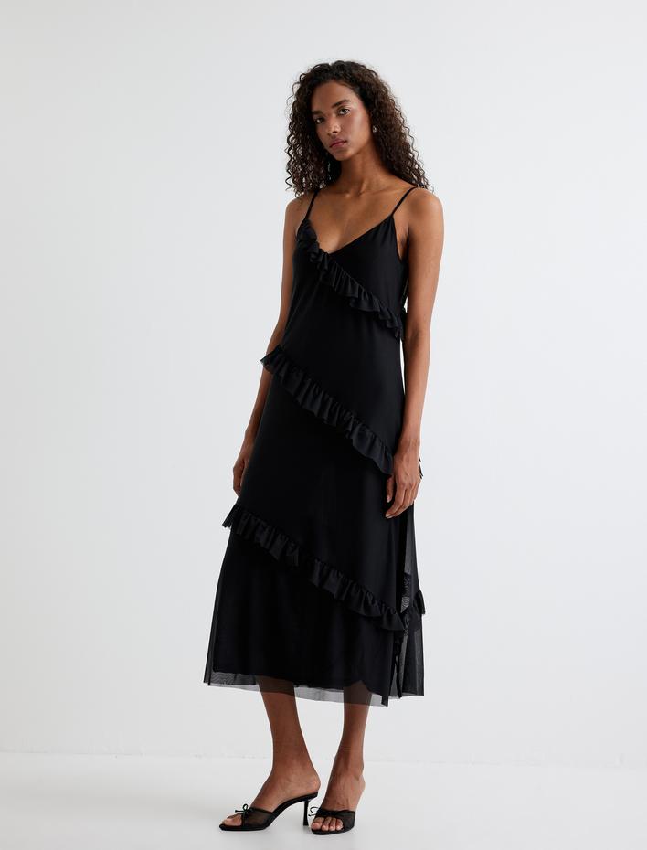  Uzun Fırfırlı Elbise İnce Askılı V Yaka Tül