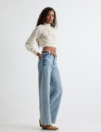 Bol Paça Kot Pantolon Normal Bel Skinny Fit Düğmeli - Wide Leg Jean