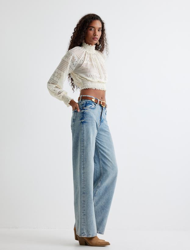 Bol Paça Kot Pantolon Normal Bel Skinny Fit Düğmeli - Wide Leg Jean_0