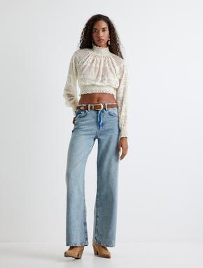 Bol Paça Kot Pantolon Normal Bel Skinny Fit Düğmeli - Wide Leg Jean_1