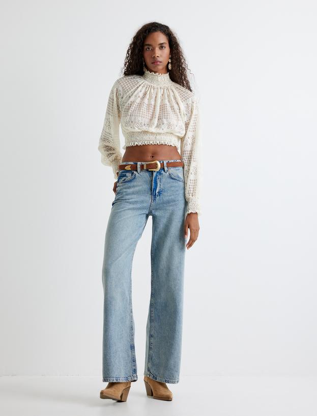 Bol Paça Kot Pantolon Normal Bel Skinny Fit Düğmeli - Wide Leg Jean_1