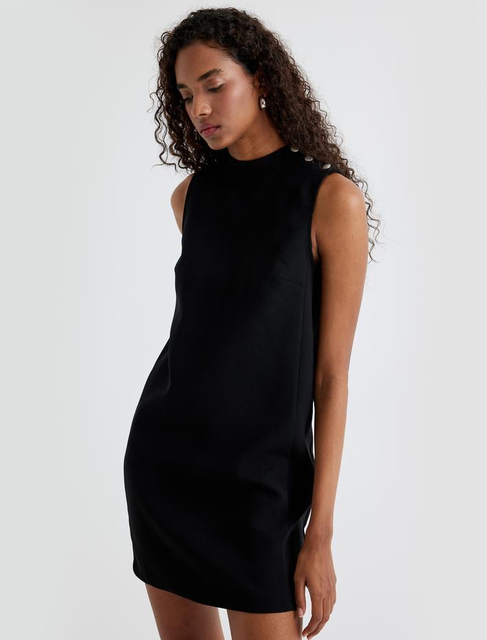  Yuvarlak Yaka Düğme Yaka Kolsuz Mini Elbise