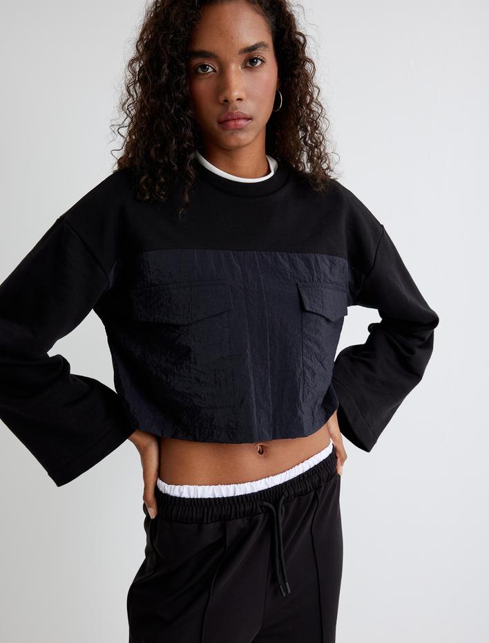  Crop Sweatshirt Paraşüt Kumaş Detaylı Rahat Kalıp