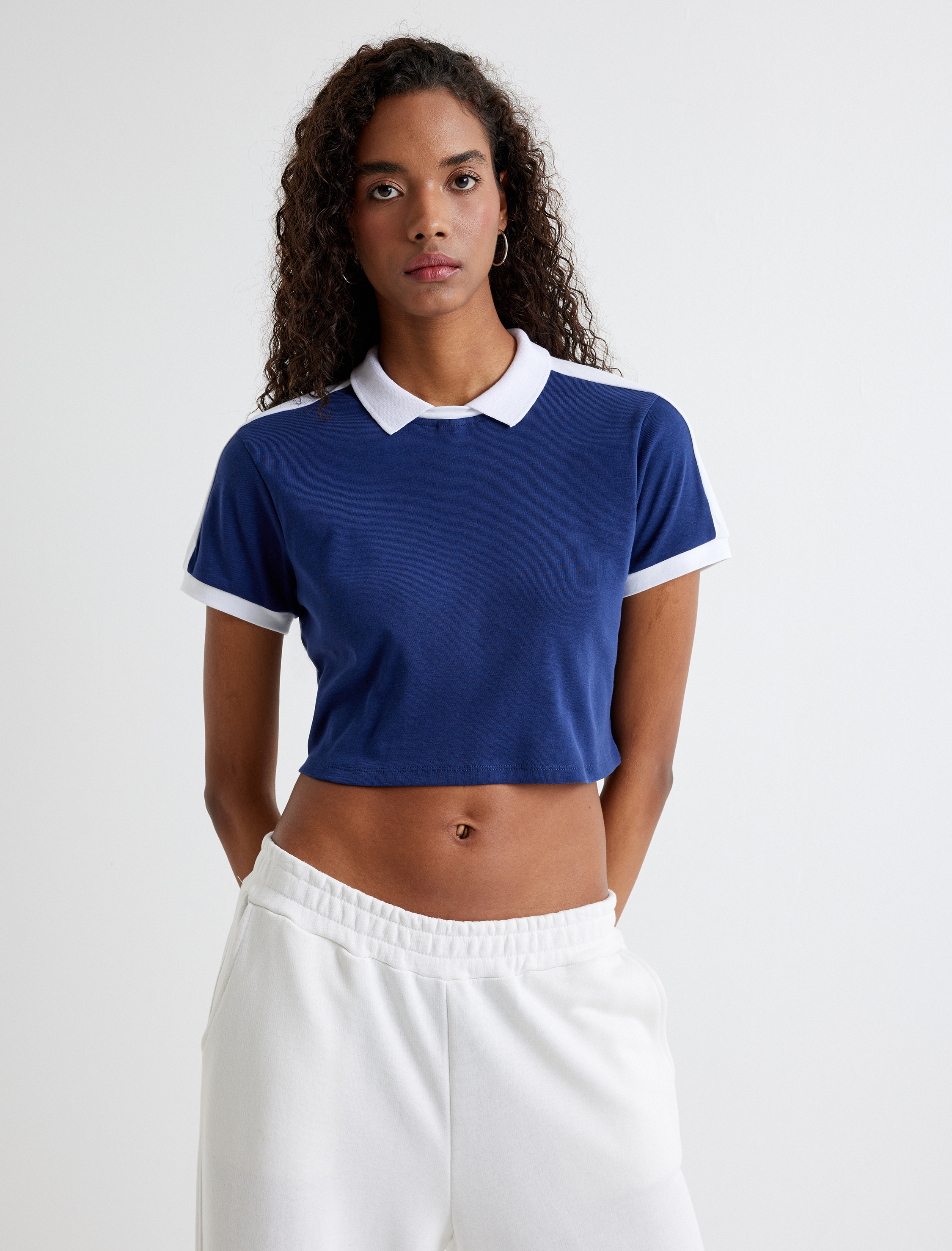   Polo Crop Tişört Kısa Kollu Renk Bloklu