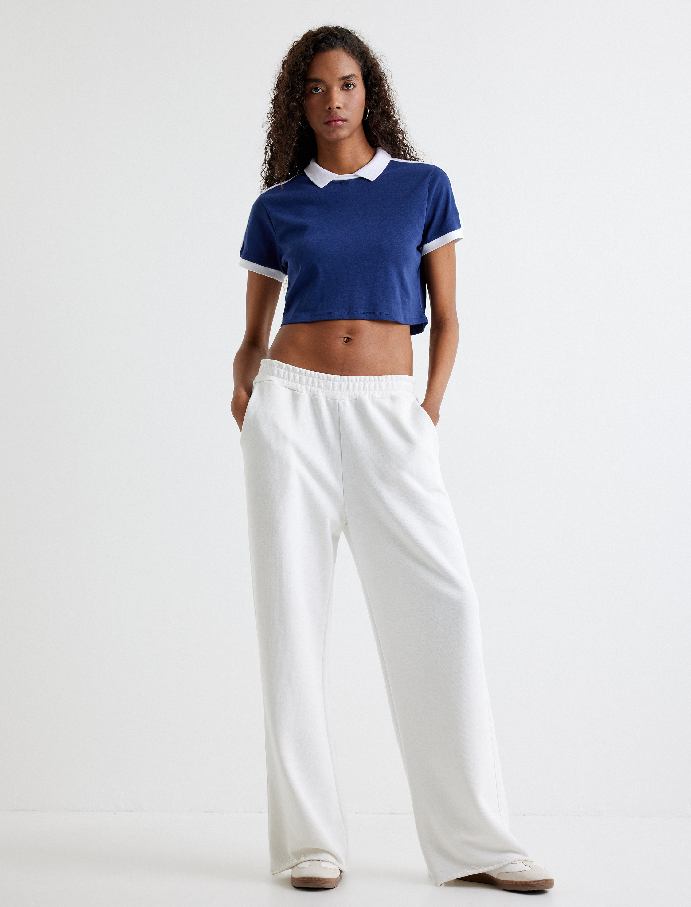   Polo Crop Tişört Kısa Kollu Renk Bloklu