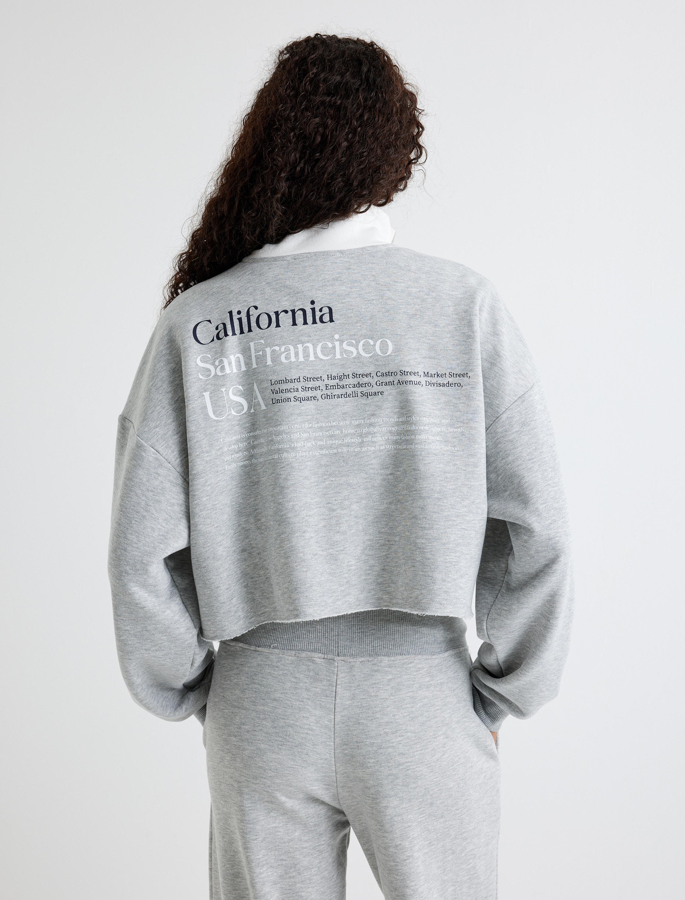   Üç İplik Şardonlu Renk Bloklu Arkası Baskılı Crop Yarım Fermuarlı Sweatshirt