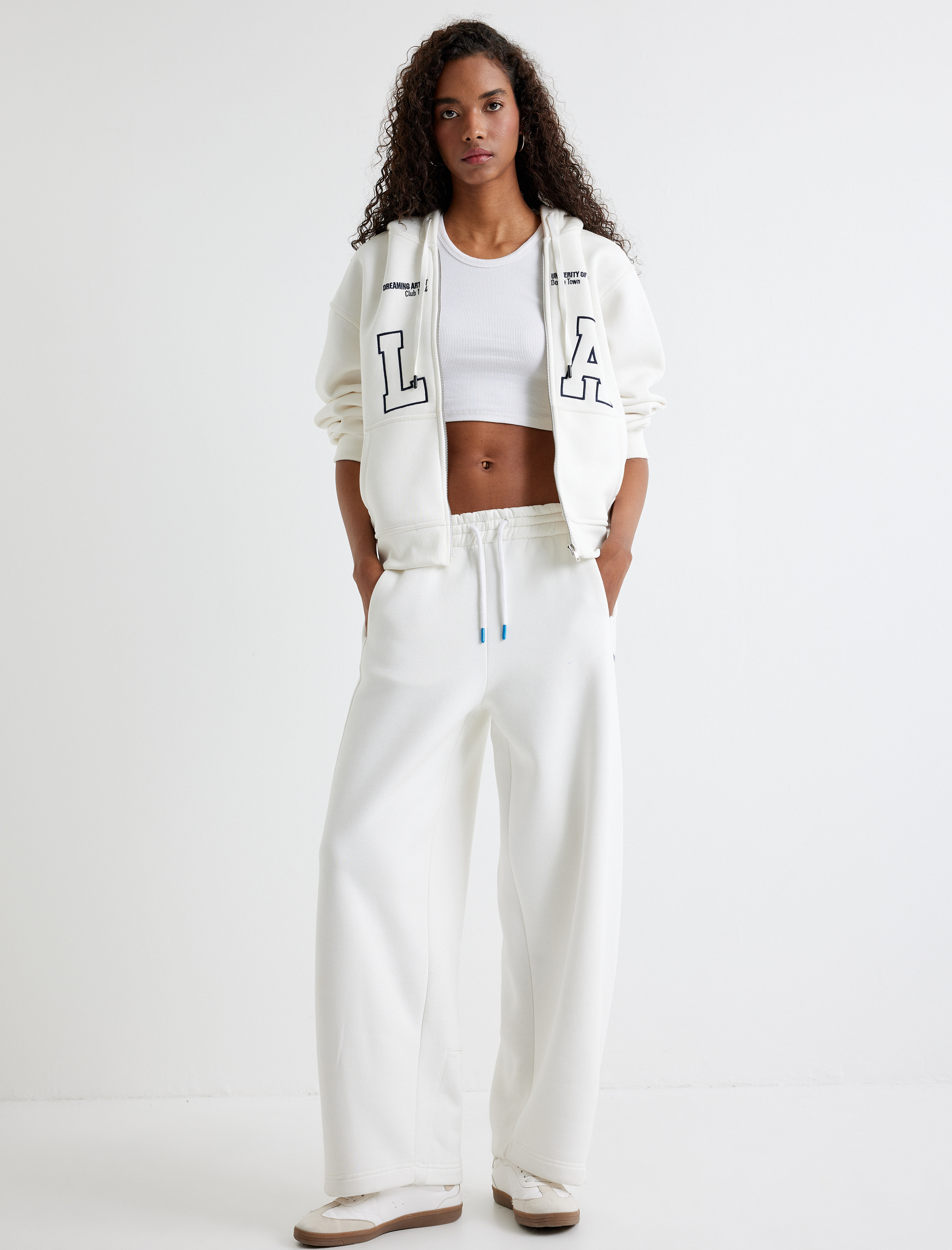   Kapşonlu Oversize Sweatshirt Fermuarlı Baskılı Cepli Üç İplik Şardonlu