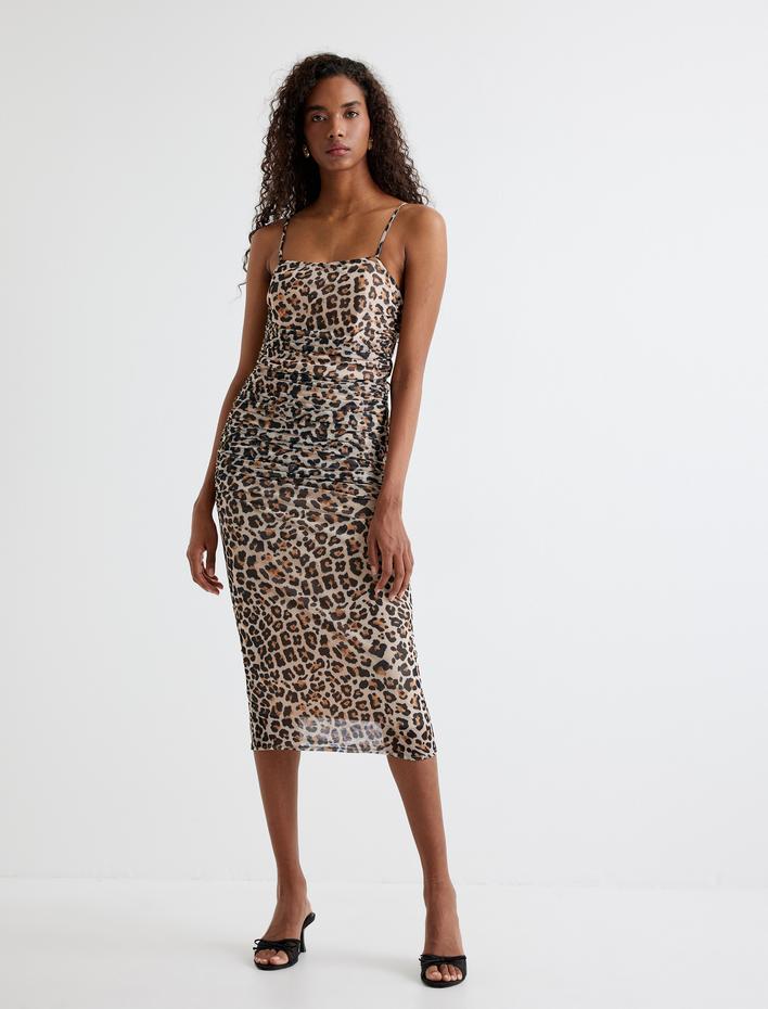  Leopar Elbise Midi İp Askılı Drapeli