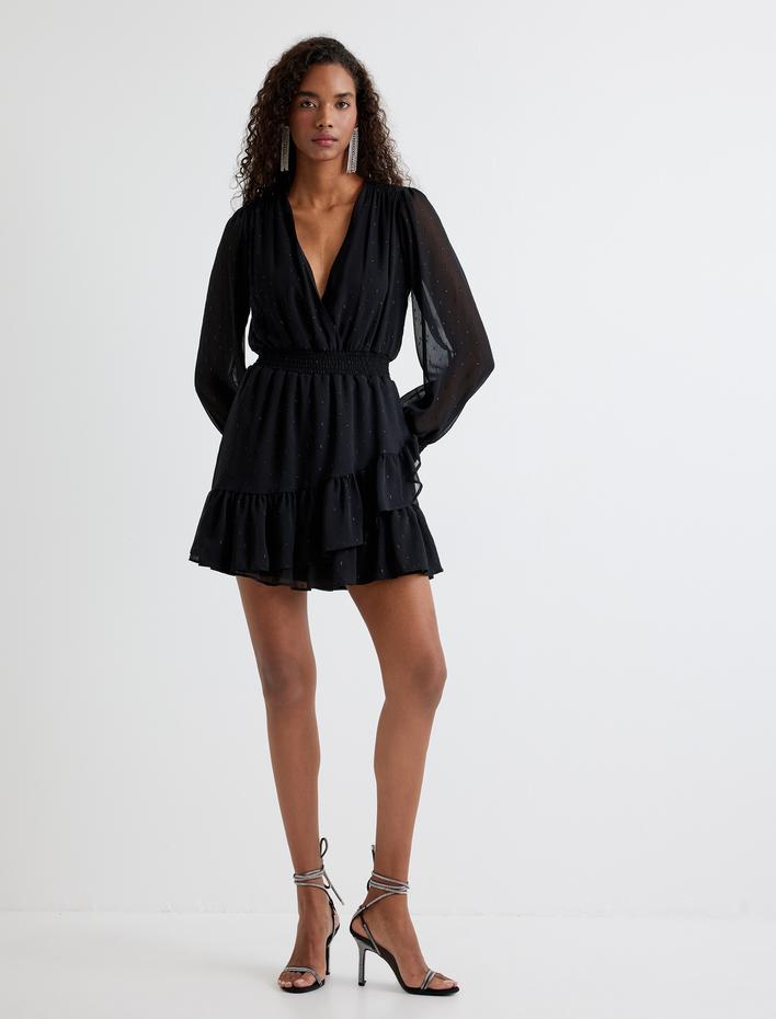  Mini Volanlı Elbise Uzun Kollu Kruvaze Yaka Beli Büzgülü