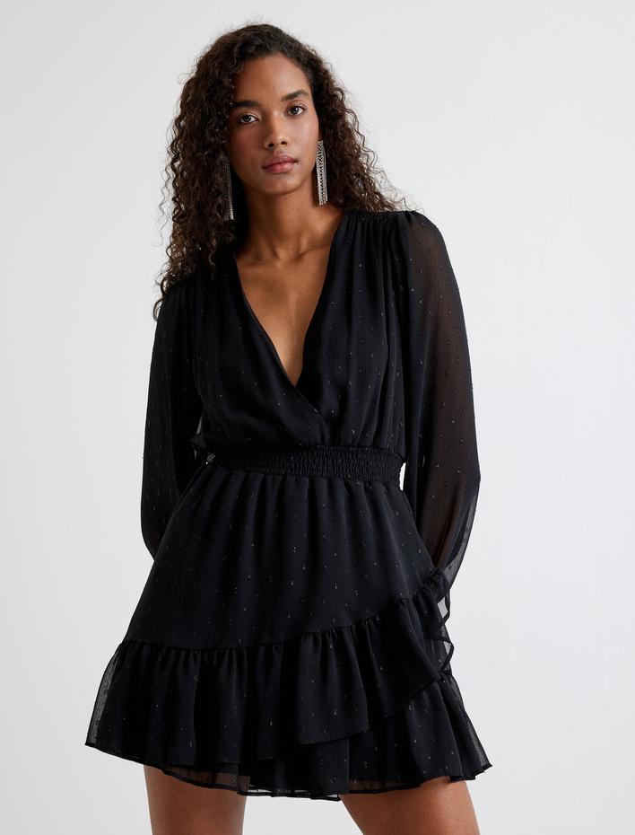  Mini Volanlı Elbise Uzun Kollu Kruvaze Yaka Beli Büzgülü