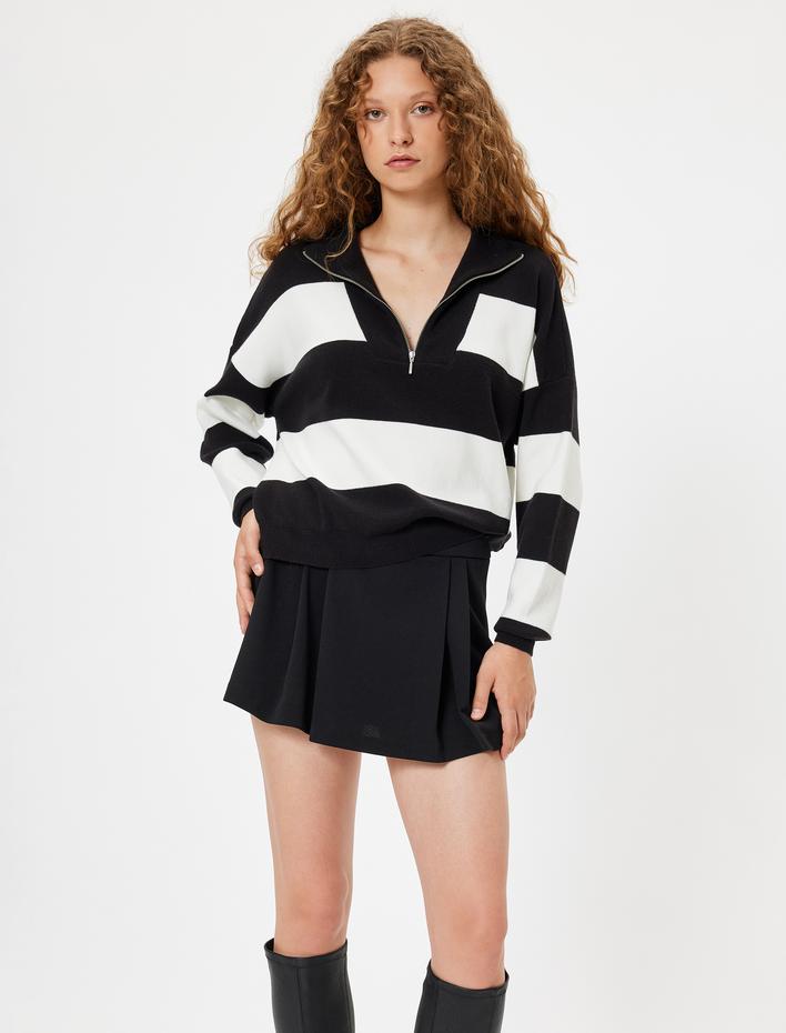  Yarım Fermuarlı Kazak Triko Uzun Kollu Renk Bloklu