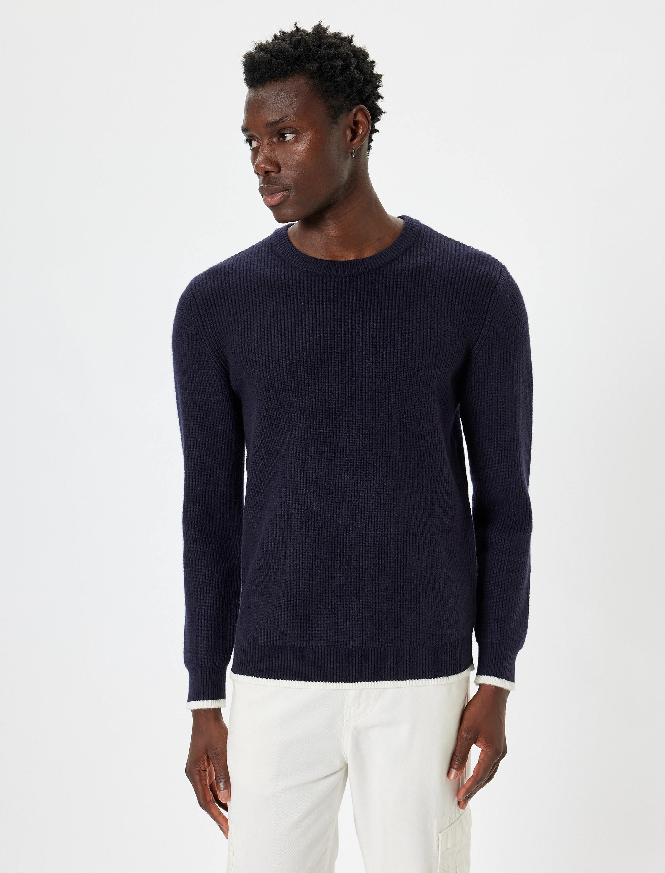   Kışlık Triko Kazak Basic Bisiklet Yaka Renk Kontrast Detaylı