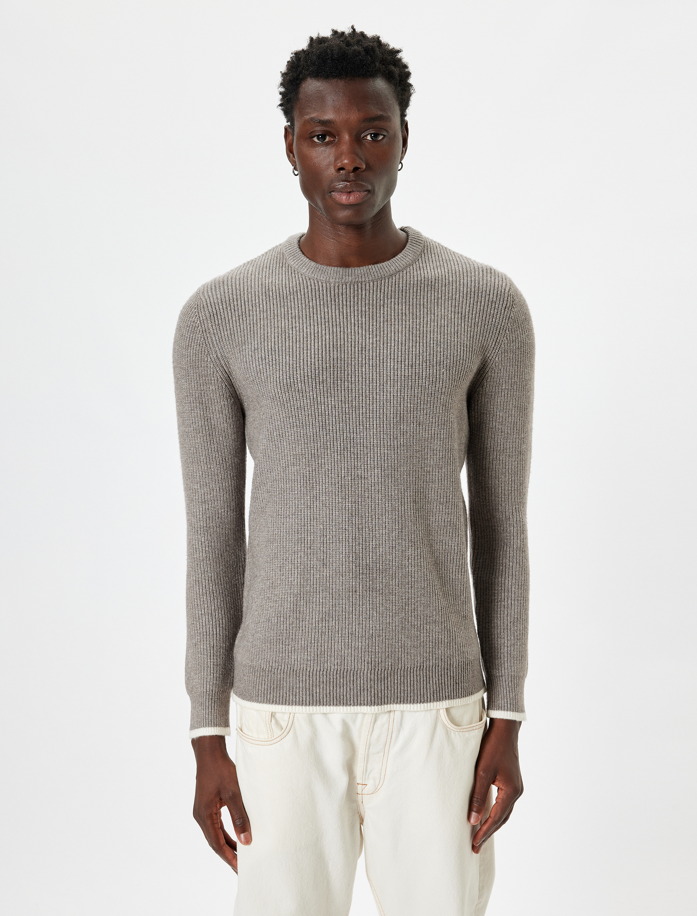   Kışlık Triko Kazak Basic Bisiklet Yaka Renk Kontrast Detaylı