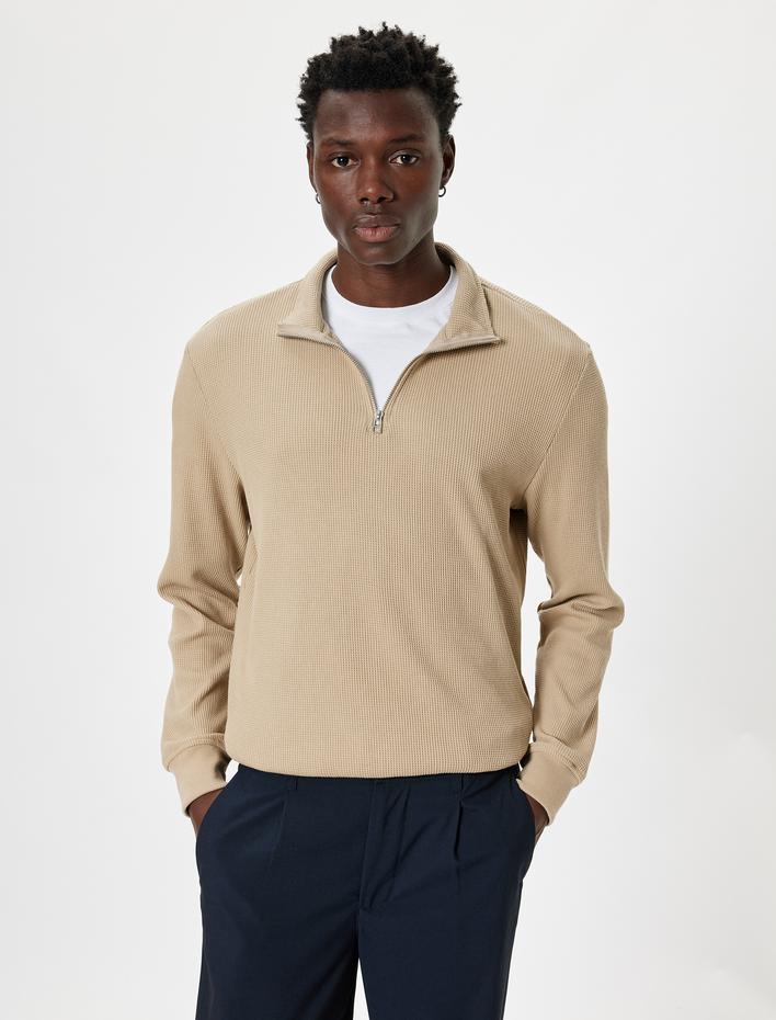  Yarım Fermuarlı Dik Yaka Pamuk Karışımlı Kazak