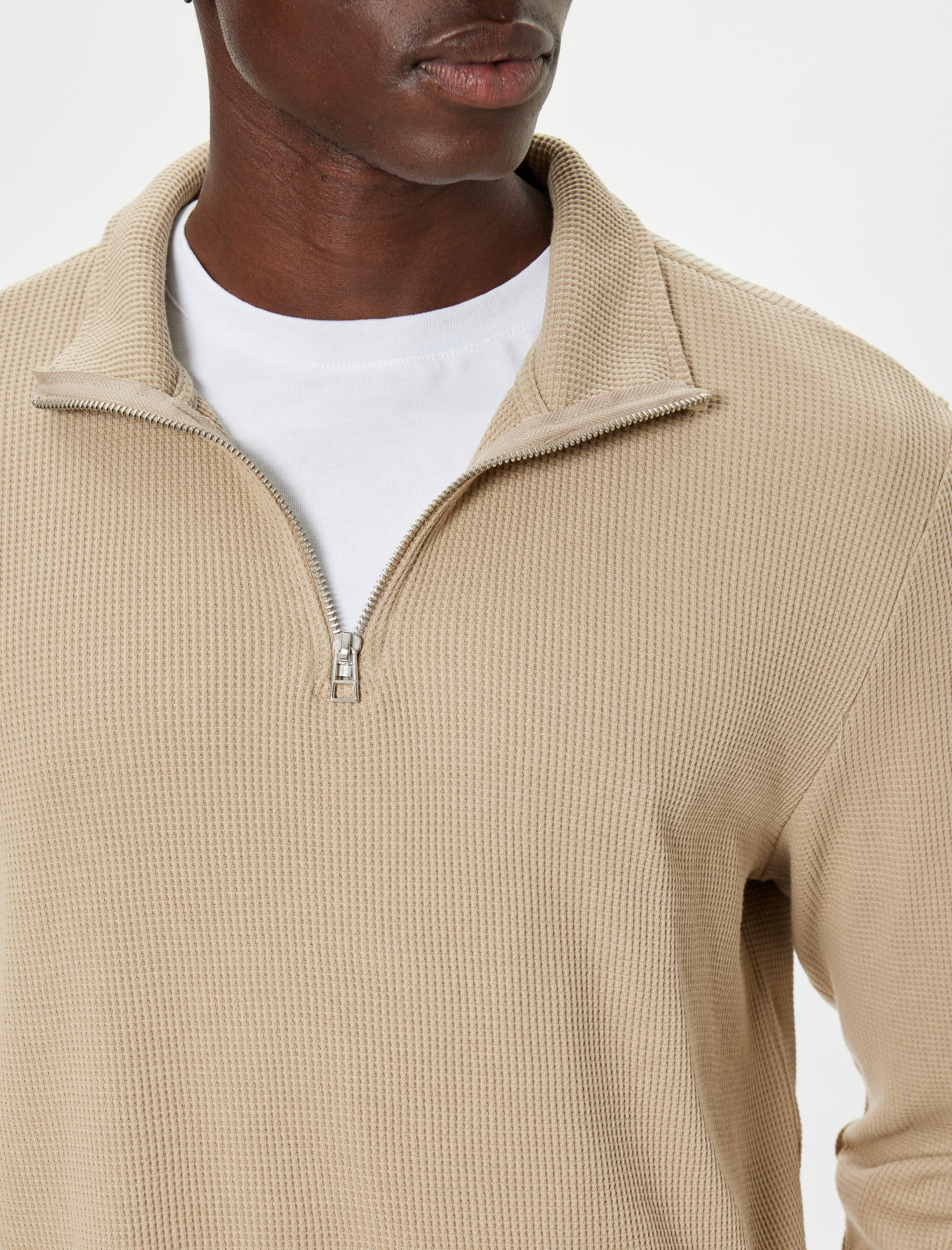 Yarım Fermuarlı Dik Yaka Pamuk Karışımlı Kazak