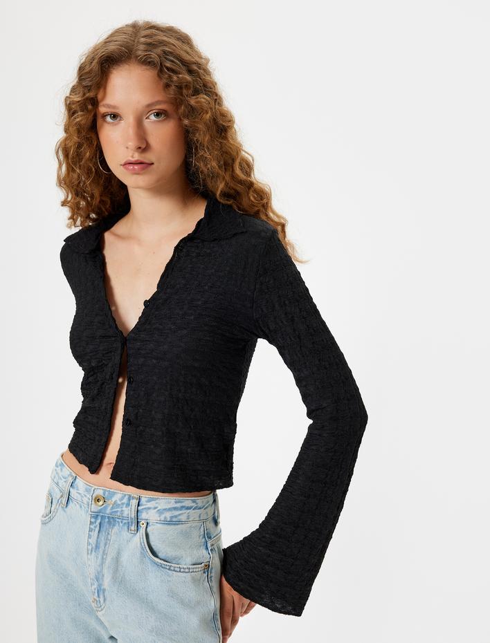  Uzun Kollu Dokulu Düğmeli Gömlek Yaka Tişört Bürümcük