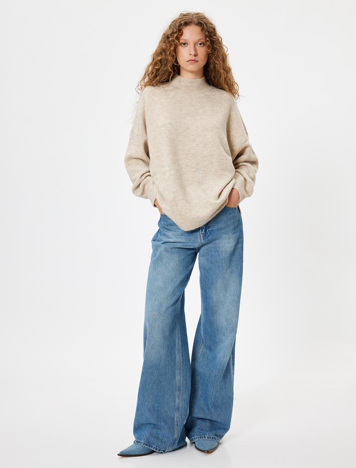  Triko Tunik Kazak Oversize Dik Yaka Cep Detaylı Uzun Kollu