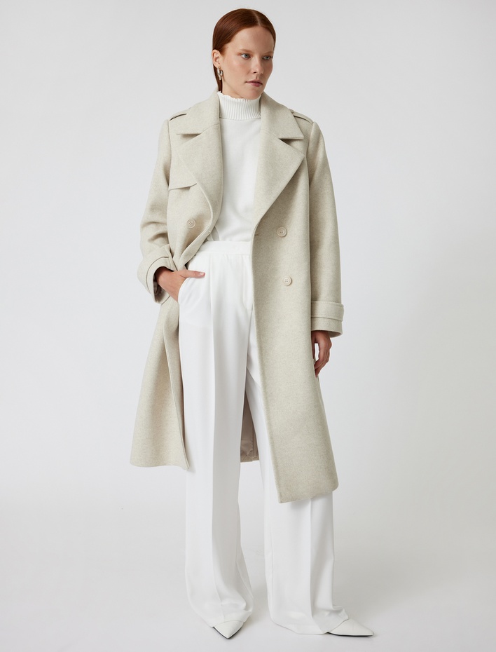  Uzun Trençkot Kaban Kruvaze Cepli Kemerli