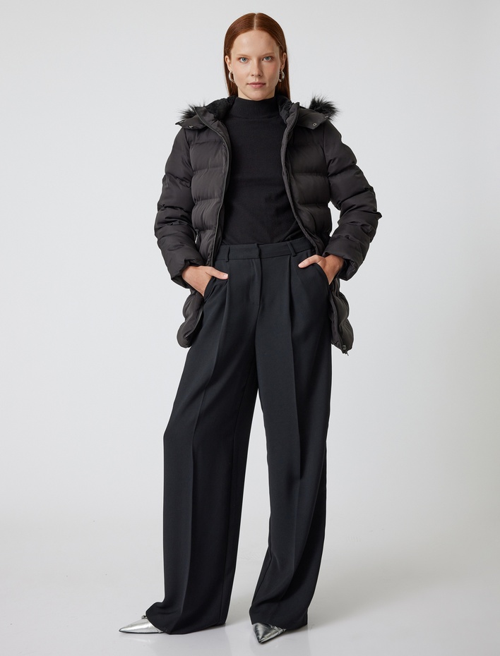  Şişme Mont Kapüşonlu Suni Kürk Yaka Cepli Fermuarlı